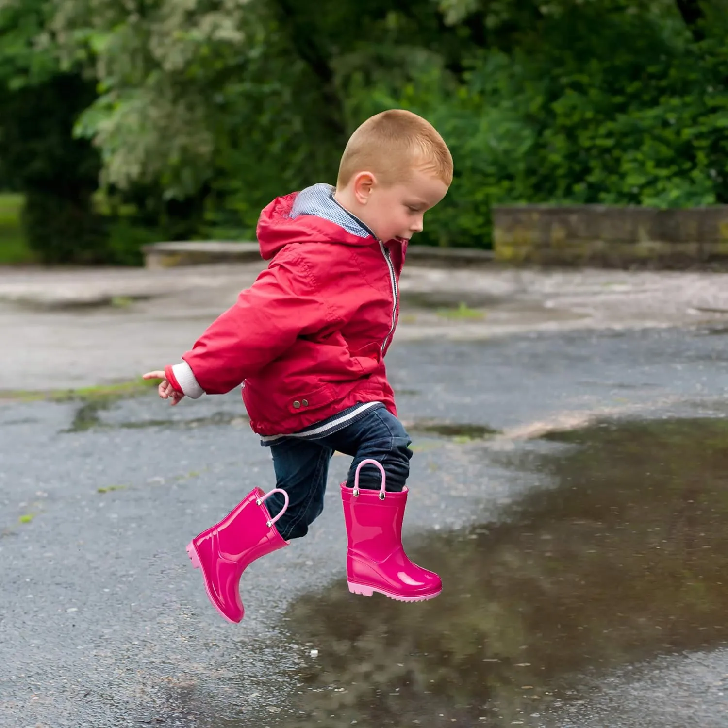 Puddle Play Toddler and Kids Waterproof PVC Rain Boots with Easy-On Handles – Lightweight Slip-Resistant Outdoor Boots for Boys and Girls