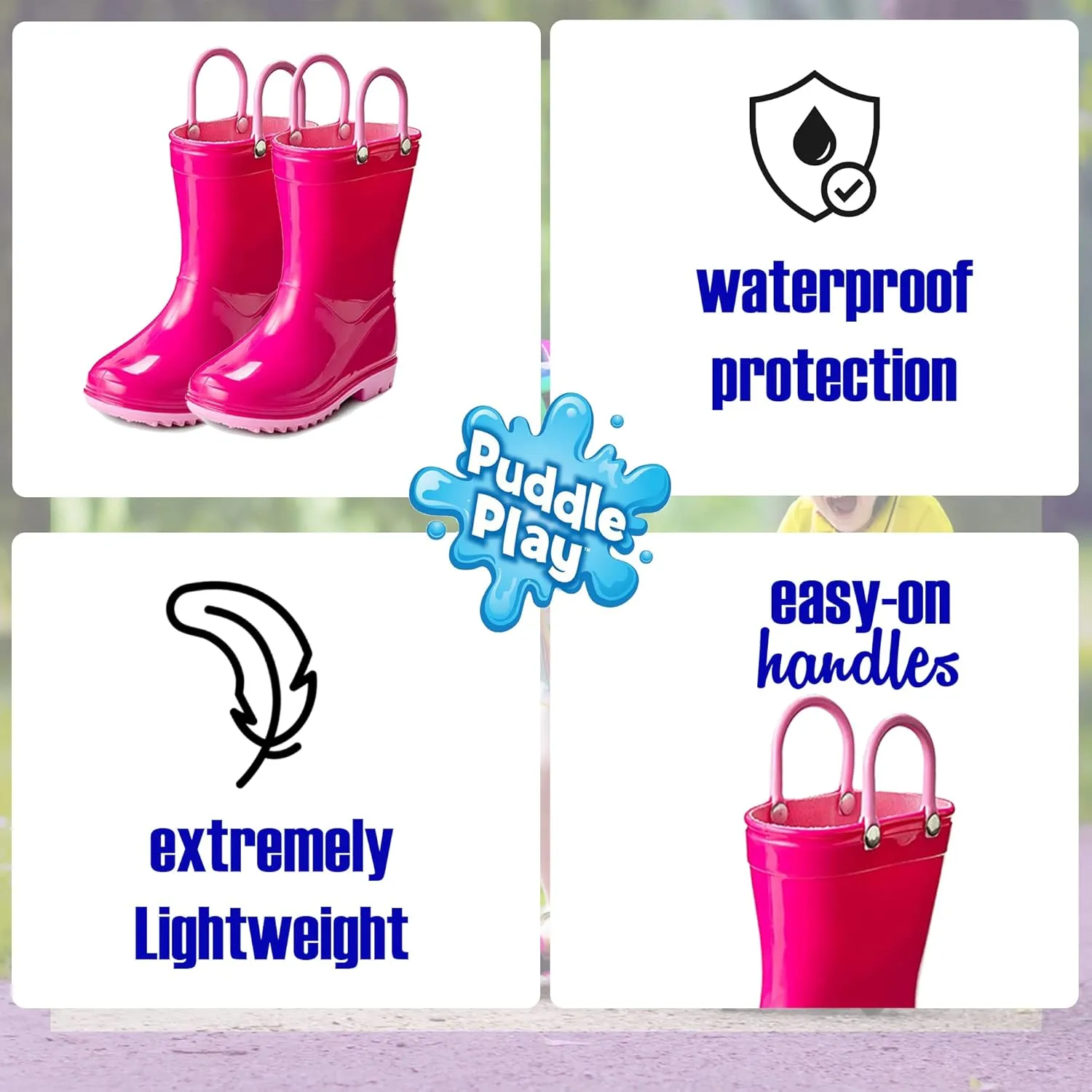 Puddle Play Toddler and Kids Waterproof PVC Rain Boots with Easy-On Handles – Lightweight Slip-Resistant Outdoor Boots for Boys and Girls