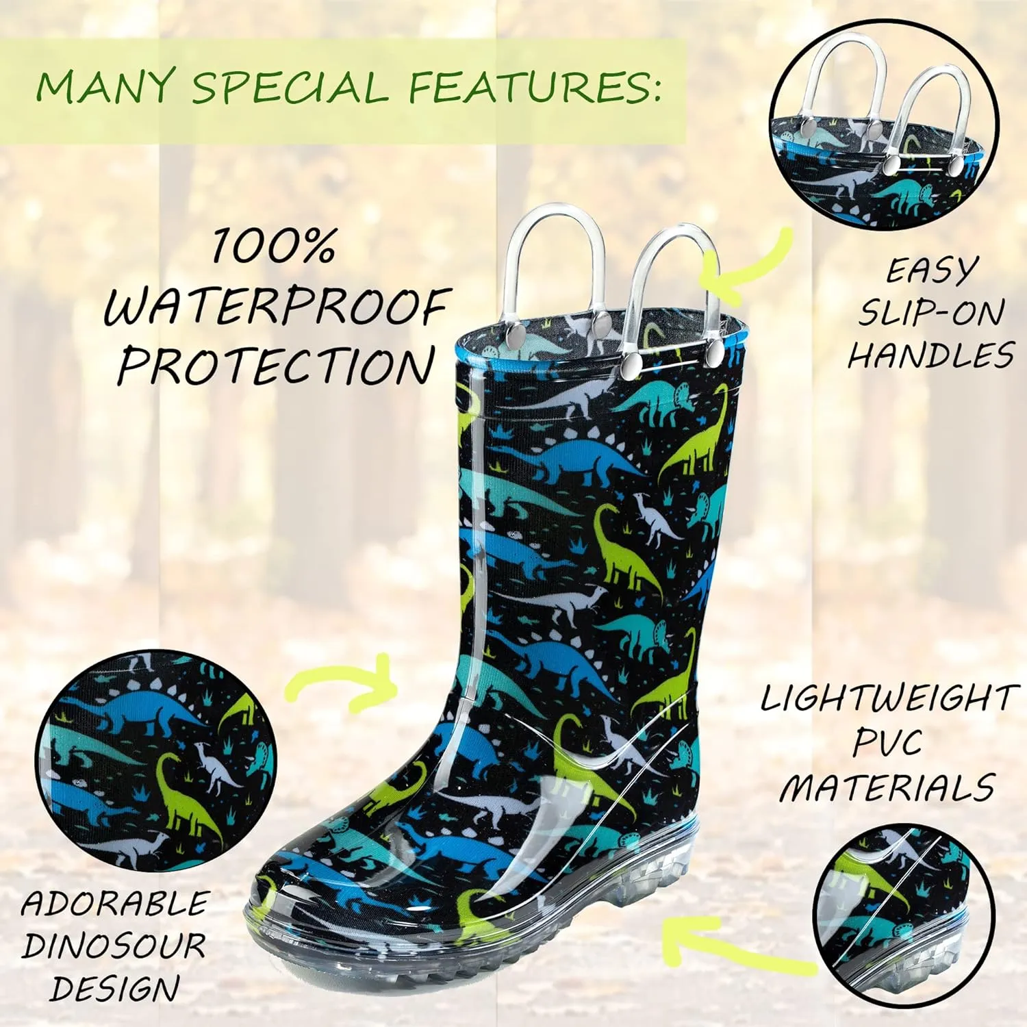 Puddle Play Toddler and Kids Waterproof PVC Rain Boots with Easy-On Handles – Lightweight Slip-Resistant Outdoor Boots for Boys and Girls