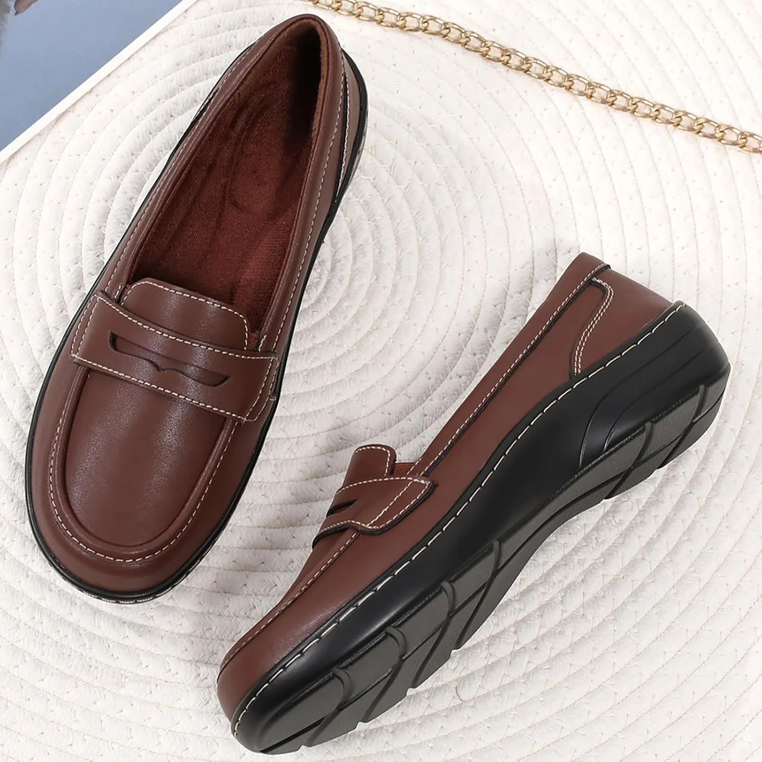 QAE Loafers for Women Comfort Orthopedic Slip On Penny Loafers Women's Flat Shoes for Casual Walking Dress Work Business