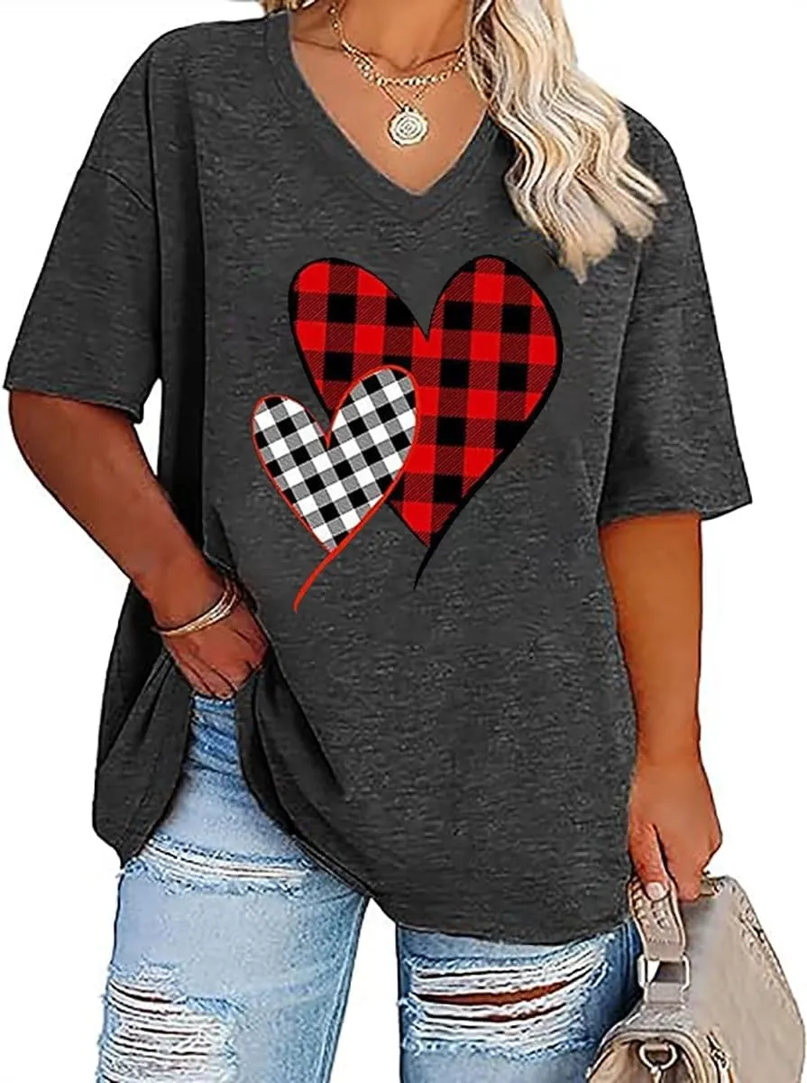 QIANRUO Plus Size Valentine's Day Shirt Women Retro Lover Heart Graphic Tees Casual Short Sleeve V-Neck Tops Blouse