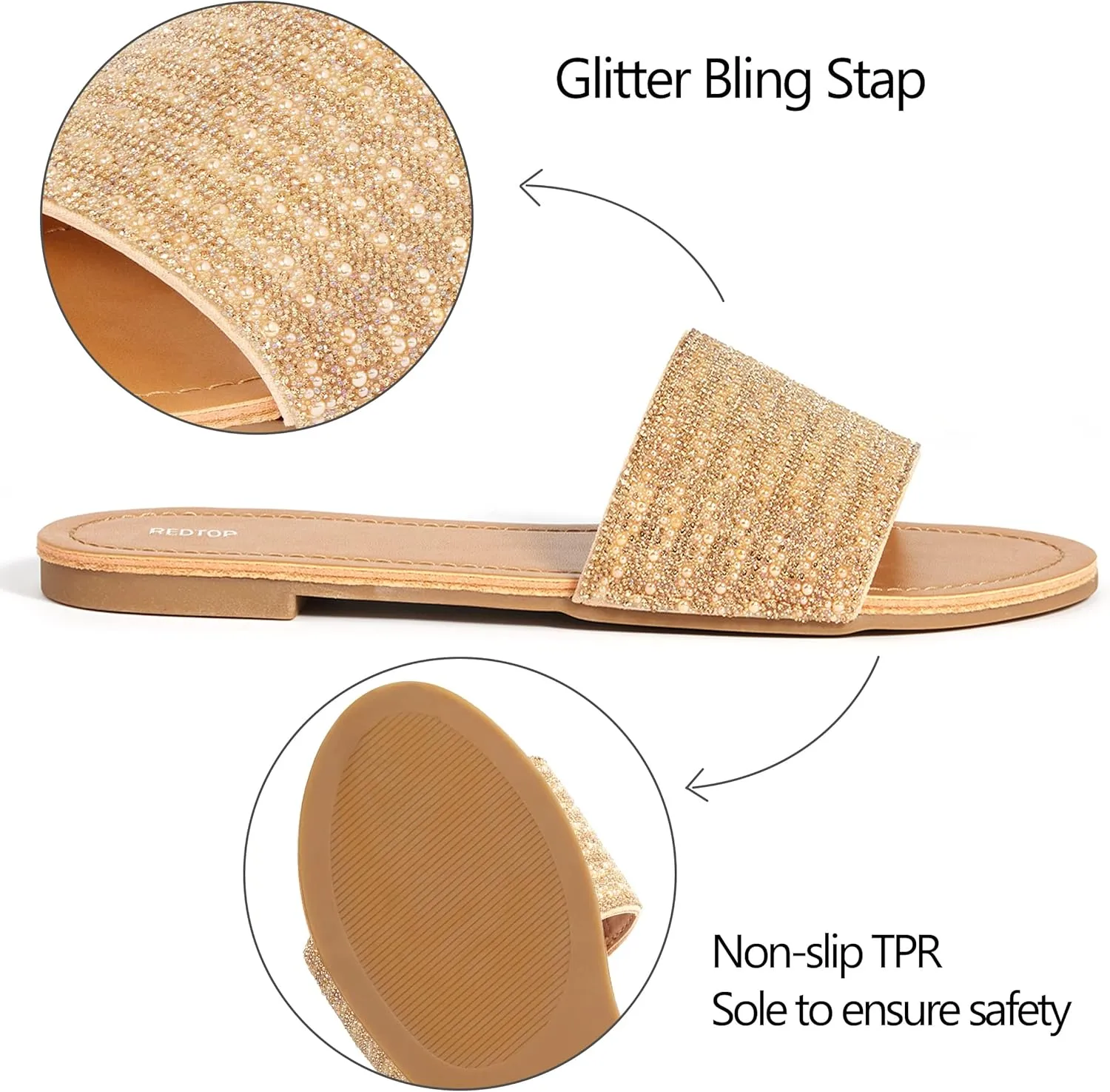 REDTOP Women's Rhinestone Sandals Slide Glitter Bling Casual Sandal Flat Open Toe Sparkle Slides