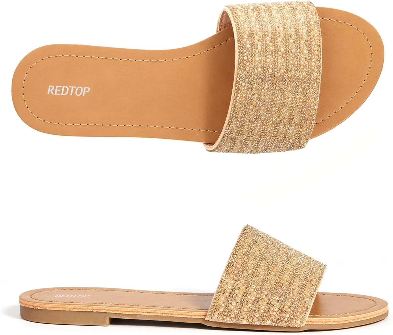 REDTOP Women's Rhinestone Sandals Slide Glitter Bling Casual Sandal Flat Open Toe Sparkle Slides