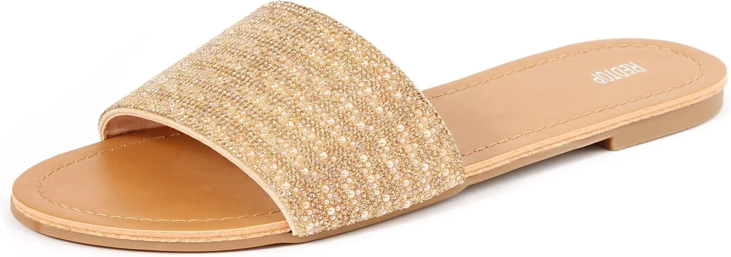 REDTOP Women's Rhinestone Sandals Slide Glitter Bling Casual Sandal Flat Open Toe Sparkle Slides