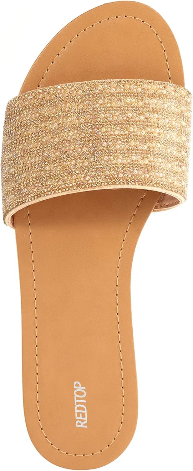 REDTOP Women's Rhinestone Sandals Slide Glitter Bling Casual Sandal Flat Open Toe Sparkle Slides