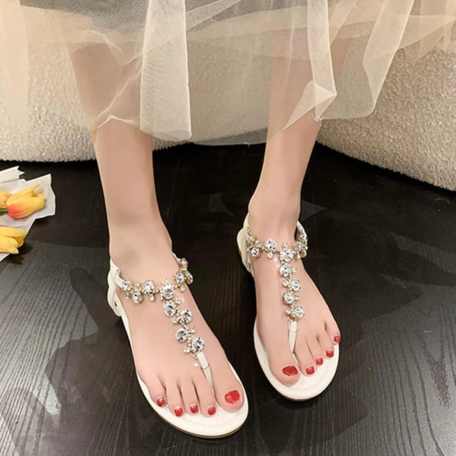 Rhinestone Thong Sandals for Women Summer Bohemian Dressy Casual Flip Flops Sandal with Elastic Ankle Strap Clip Toe Flip-Flop