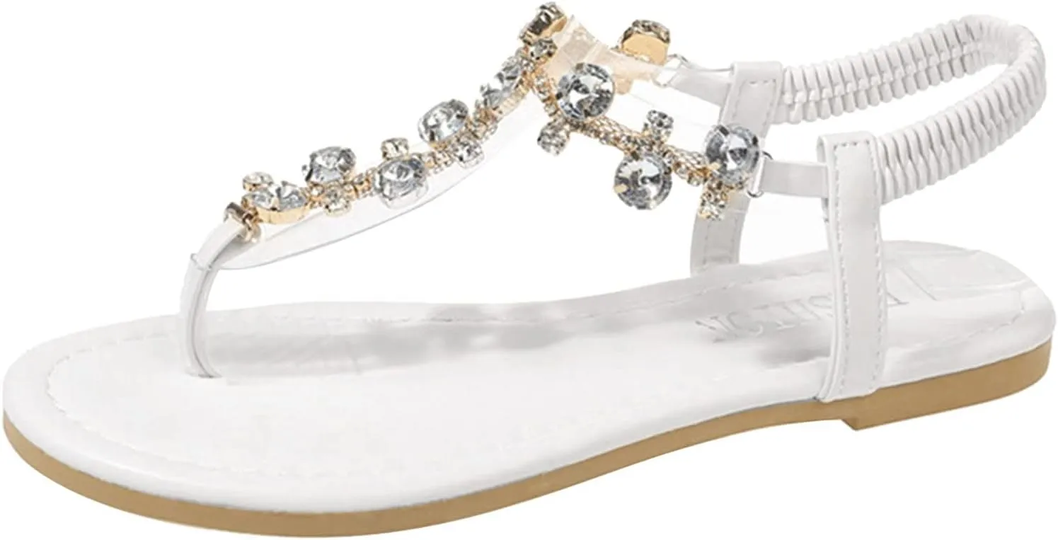 Rhinestone Thong Sandals for Women Summer Bohemian Dressy Casual Flip Flops Sandal with Elastic Ankle Strap Clip Toe Flip-Flop