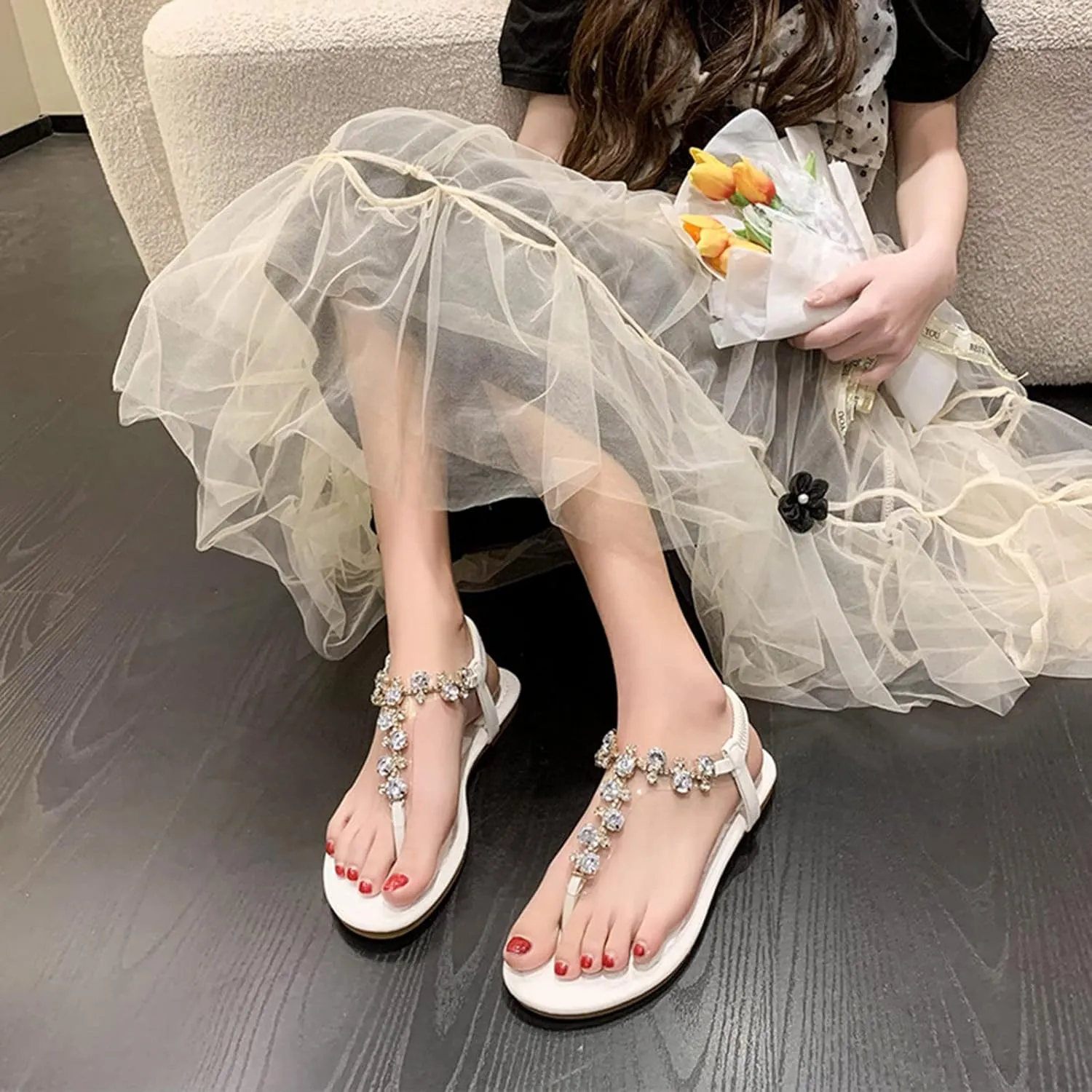 Rhinestone Thong Sandals for Women Summer Bohemian Dressy Casual Flip Flops Sandal with Elastic Ankle Strap Clip Toe Flip-Flop