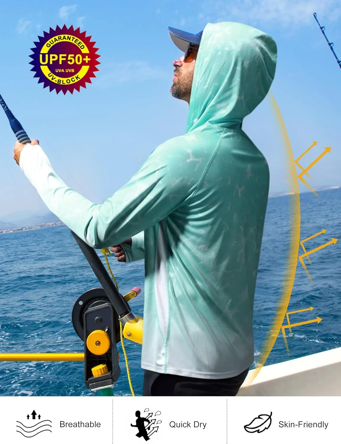 Roadbox Men's UPF 50  Sun Protection Rash Guard, UV Outdoor Fishing Long Sleeve Shirts, Swimming Hiking Shirt with Thumbholes