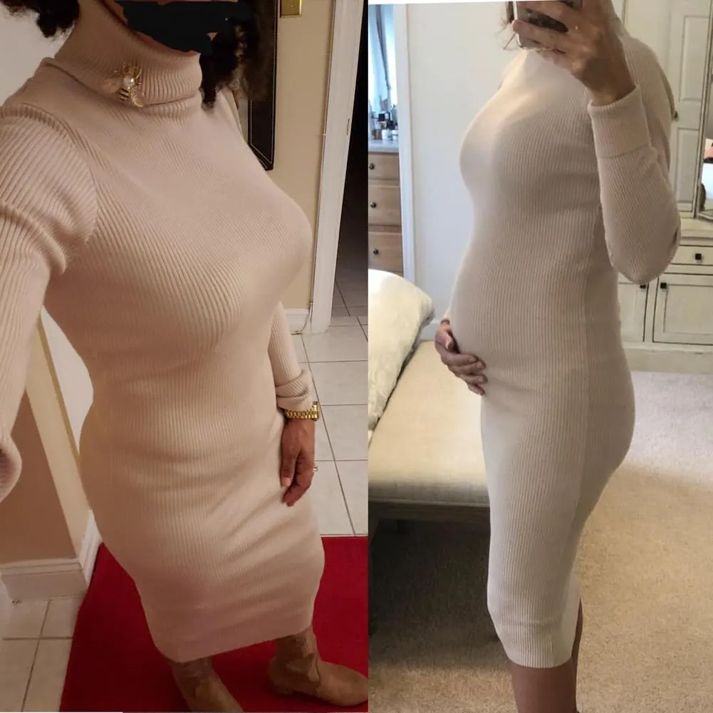 Rocorose Women's Turtleneck Ribbed Elbow Long Sleeve Knit Sweater Dress