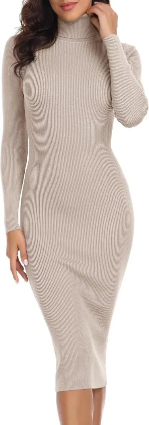 Rocorose Women's Turtleneck Ribbed Elbow Long Sleeve Knit Sweater Dress