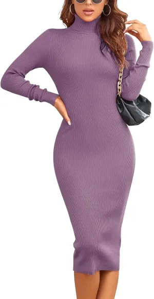 Rocorose Women's Turtleneck Ribbed Elbow Long Sleeve Knit Sweater Dress