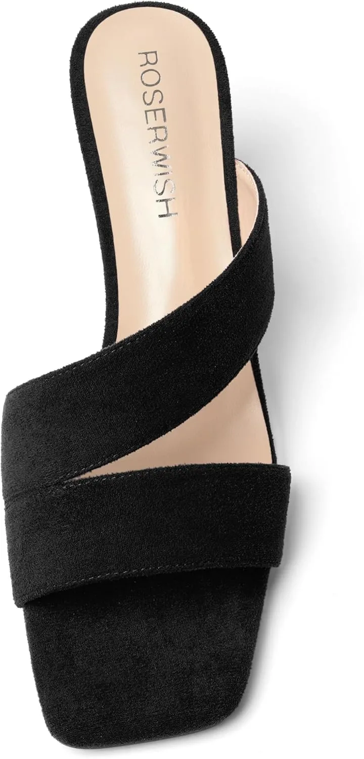 ROSERWISH Womens Open Toe Comfortable Suede Dating Slip On Casual Block Mid Heel Heeled Sandals 2.5 Inch
