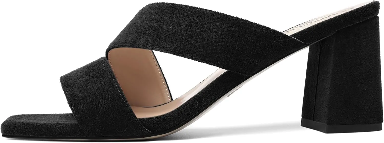 ROSERWISH Womens Open Toe Comfortable Suede Dating Slip On Casual Block Mid Heel Heeled Sandals 2.5 Inch