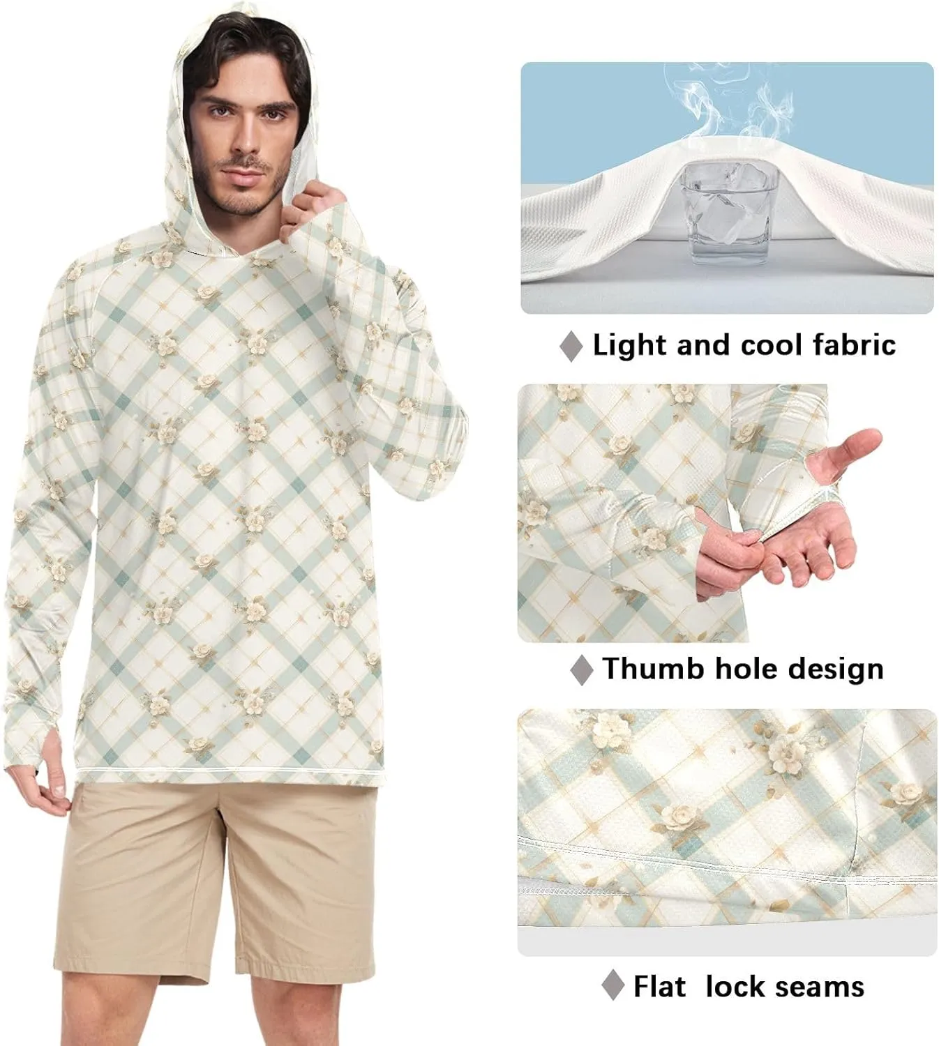 Roses Gingham Sun Shirt Hoodie for Men Long Sleeve Fishing Shirt UPF 50  Clothing Hood Shirts Rash Guard Men UV