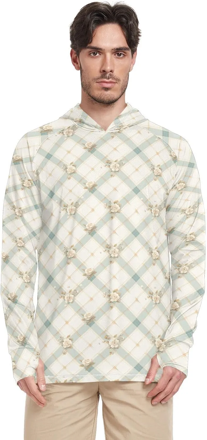 Roses Gingham Sun Shirt Hoodie for Men Long Sleeve Fishing Shirt UPF 50  Clothing Hood Shirts Rash Guard Men UV