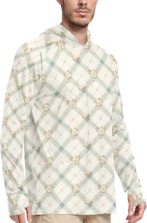 Roses Gingham Sun Shirt Hoodie for Men Long Sleeve Fishing Shirt UPF 50  Clothing Hood Shirts Rash Guard Men UV