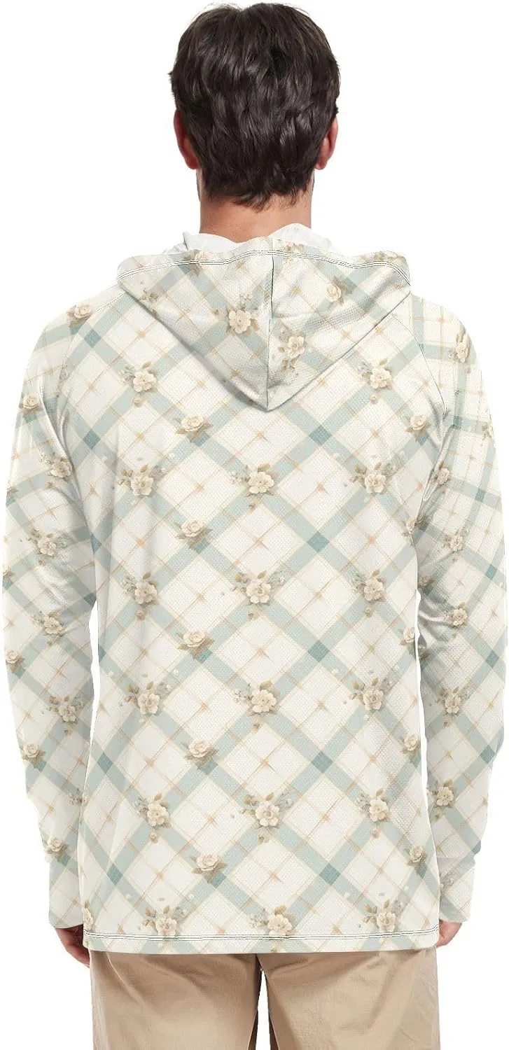 Roses Gingham Sun Shirt Hoodie for Men Long Sleeve Fishing Shirt UPF 50  Clothing Hood Shirts Rash Guard Men UV