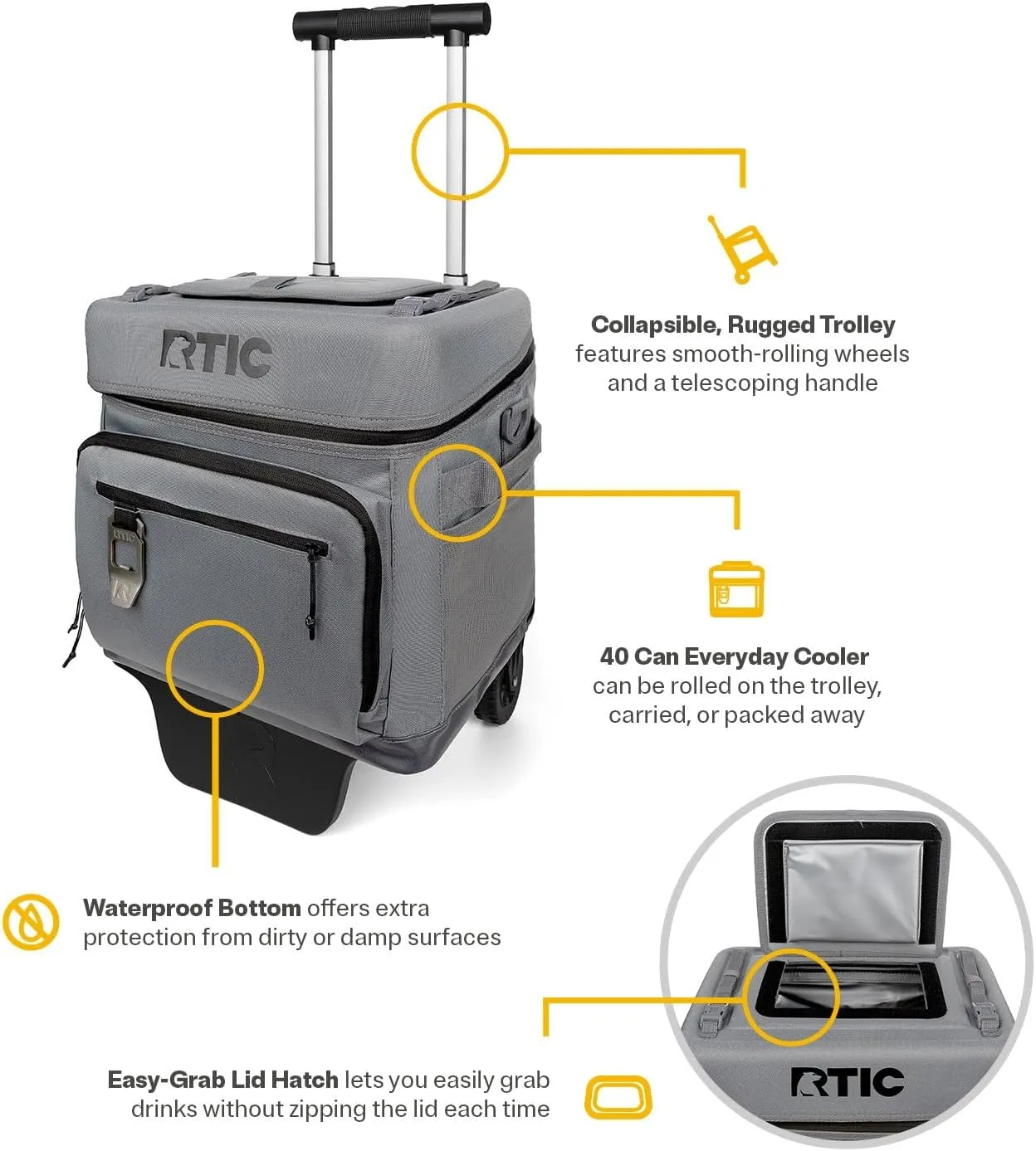 RTIC 40 Can Everyday Wheeled Cooler, Soft Sided Insulated Portable Rolling Collapsible Cooler Bag with Wheels and Handle for Outdoor, Beach, Camping, Sports, Travel, Leakproof
