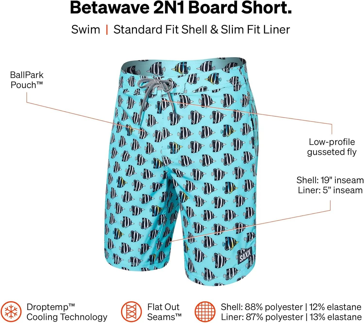SAXX Underwear Co. Men's Betawave 2N1 Boardie 19" with Built-in Pouch Support, Fashion