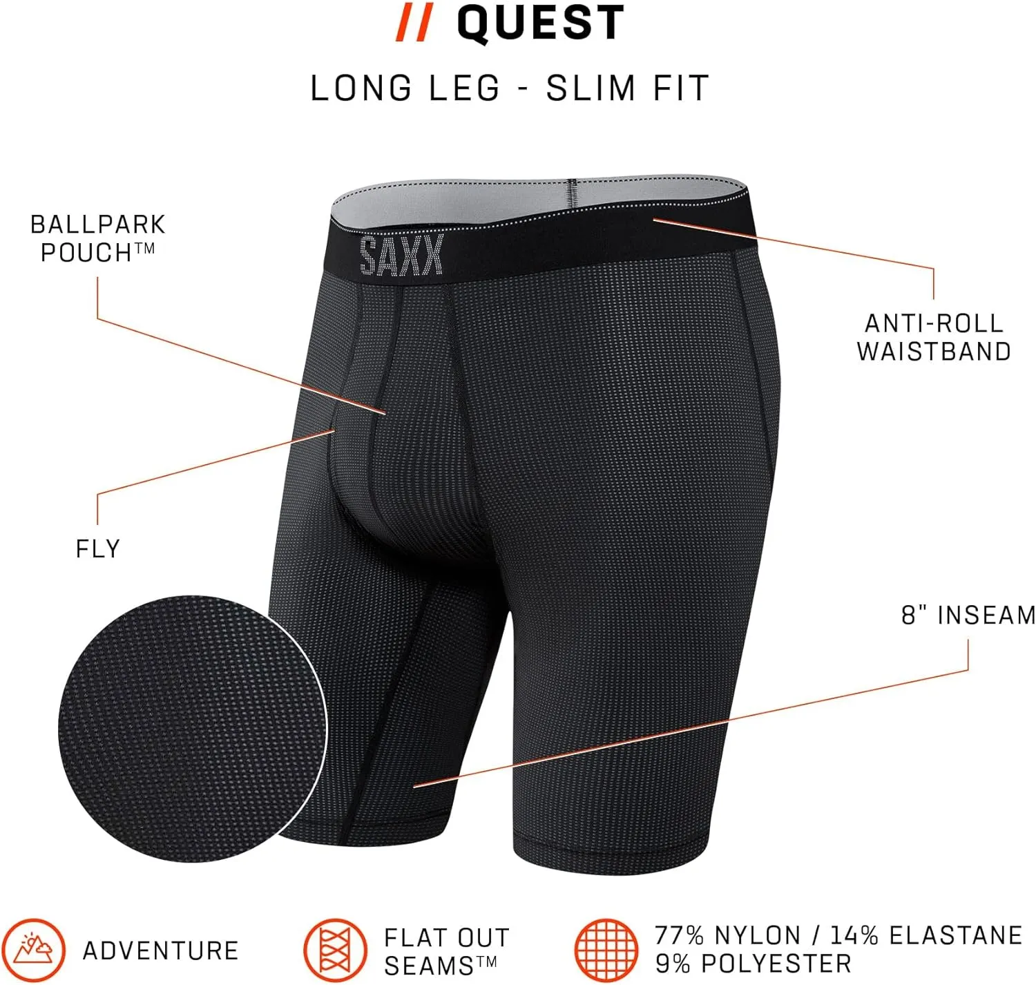 SAXX Underwear Co. Men's Underwear with Pouch Quest Quick Dry Mesh Long Leg Fly