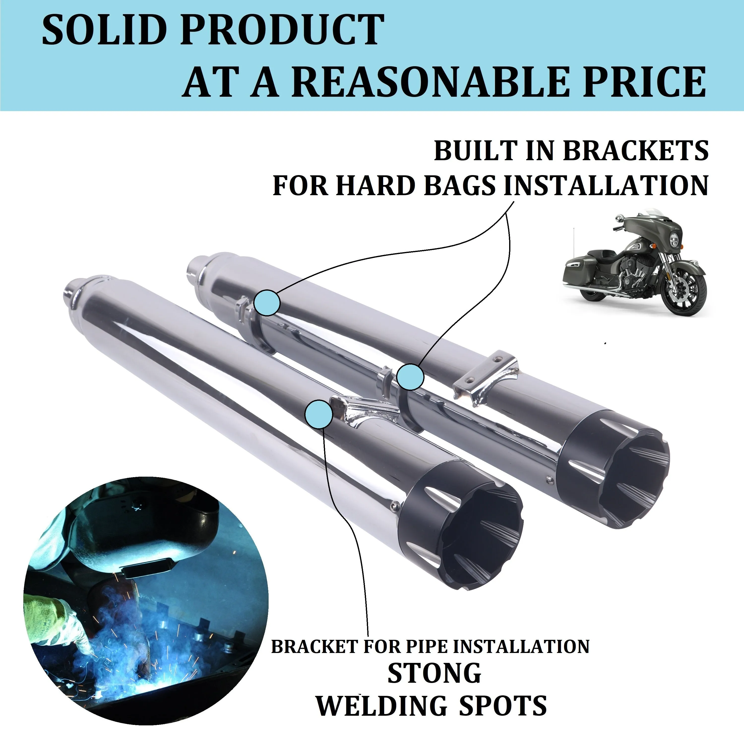 Sharkroad Chrome 4" Slip On Mufflers Exhaust for Indian Touring 2014-2024 Chief