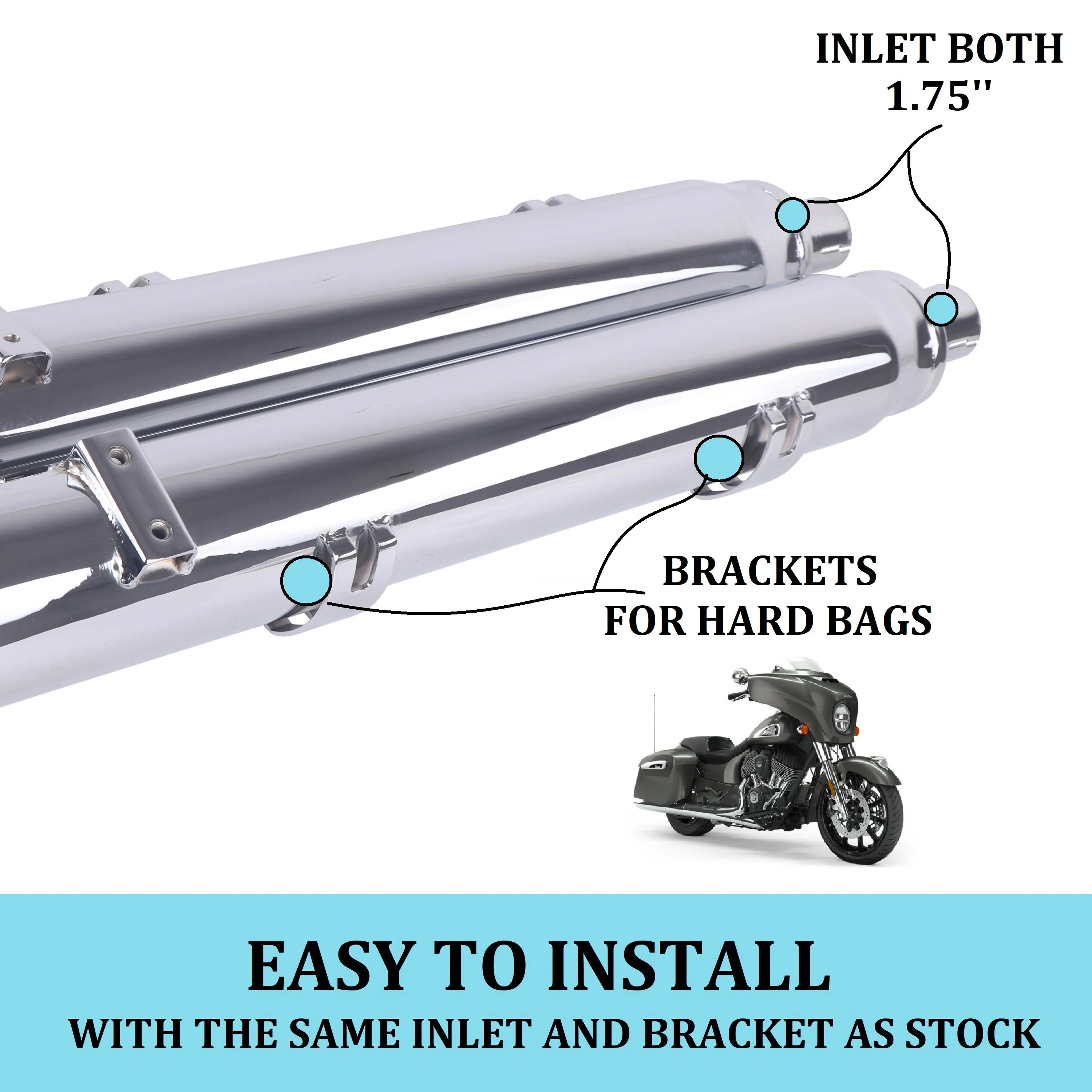 Sharkroad Chrome 4" Slip On Mufflers Exhaust for Indian Touring 2014-2024 Chief