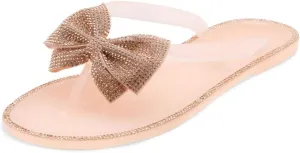 Shoe Land Summer Women's Flat Sandals Jelly Flip Flops Rhinestone Bowtie Thong Sandal Strappy Slip On Slides for Daily Beach Pool