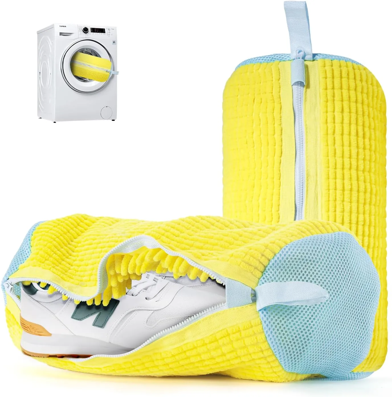 Shoe Washing Machine Bag – Reusable Laundry Shoe Bags for Washer and Dryer, Durable Chenille Microfiber with 360° Cleaning, Hidden Zipper Design for Sneakers, Tennis Shoes, Yellow, 2-Pack