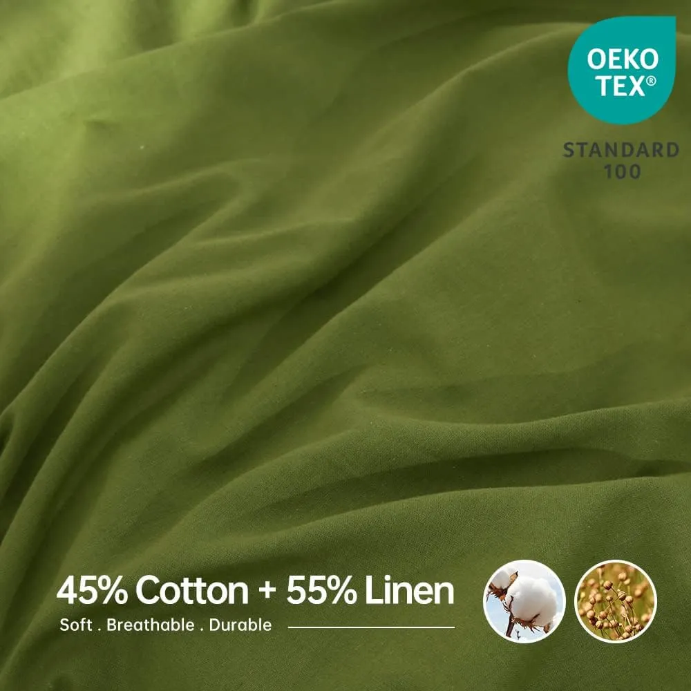 Simple&Opulence Belgian Linen Sheet Set Solid Color - 4 Pieces (1 Flat Sheet, 1 Fitted Sheet & 2 Pillowcases) Natural Flax Cotton Blend Soft Breathable Farmhouse Bedding - Queen Size, Forest