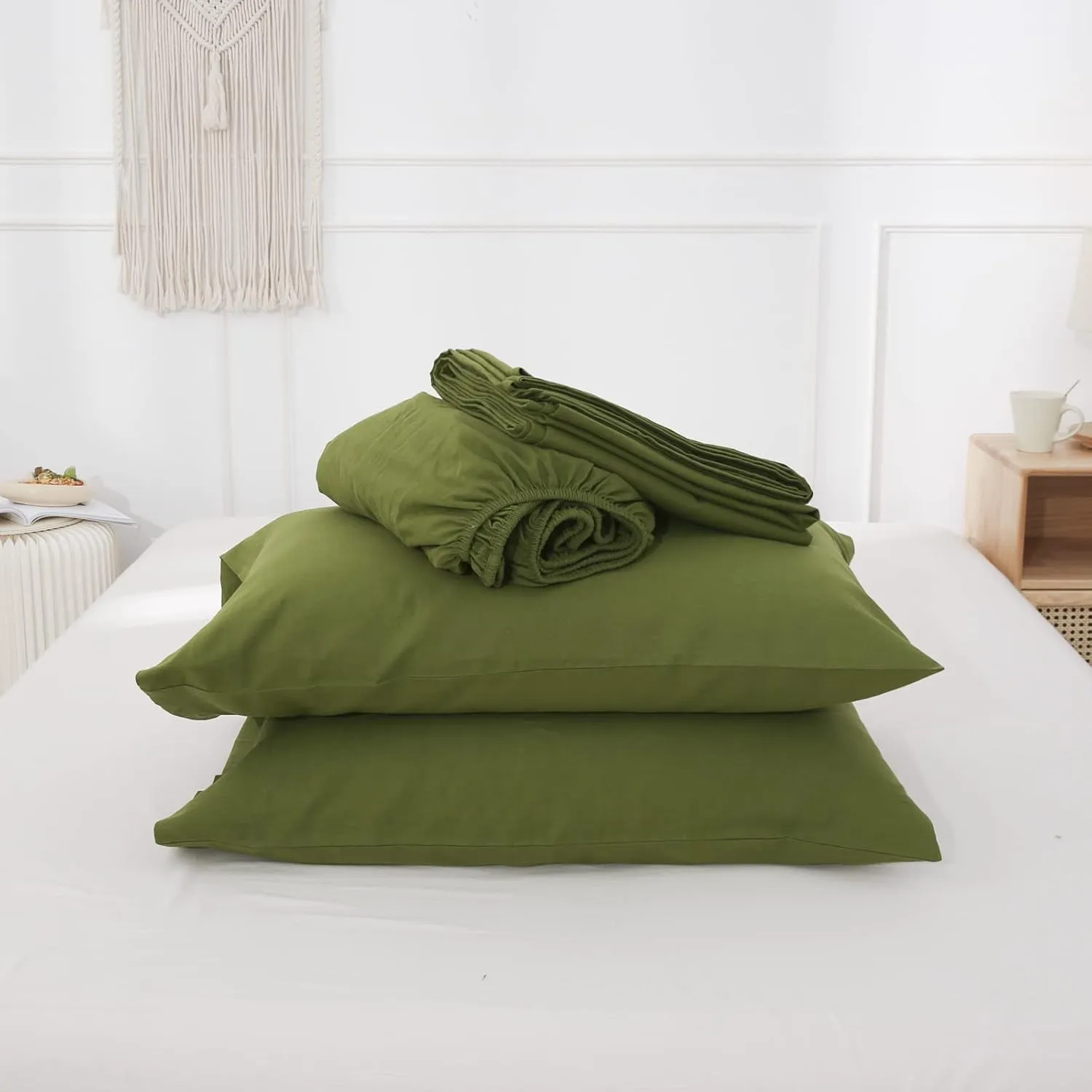 Simple&Opulence Belgian Linen Sheet Set Solid Color - 4 Pieces (1 Flat Sheet, 1 Fitted Sheet & 2 Pillowcases) Natural Flax Cotton Blend Soft Breathable Farmhouse Bedding - Queen Size, Forest
