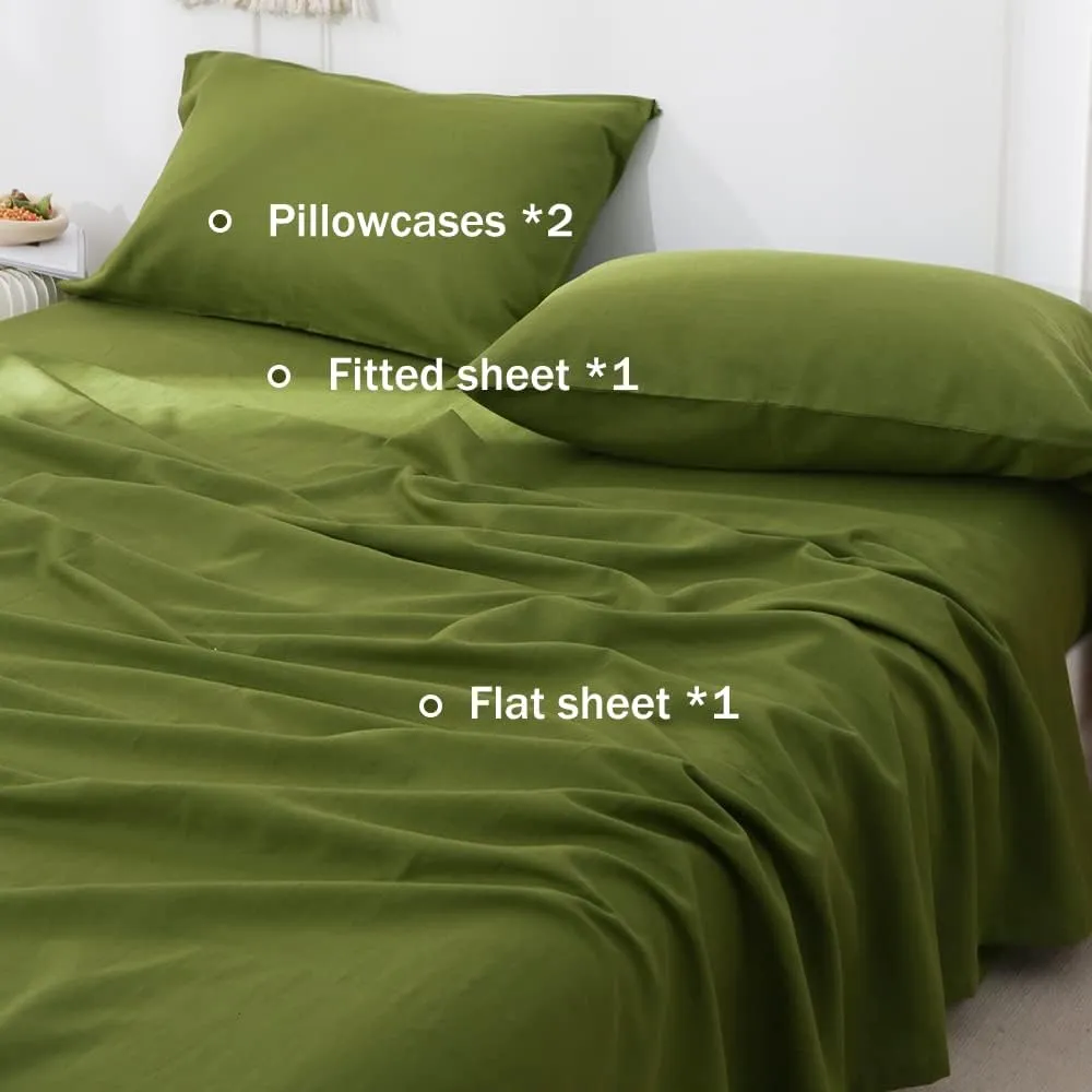 Simple&Opulence Belgian Linen Sheet Set Solid Color - 4 Pieces (1 Flat Sheet, 1 Fitted Sheet & 2 Pillowcases) Natural Flax Cotton Blend Soft Breathable Farmhouse Bedding - Queen Size, Forest