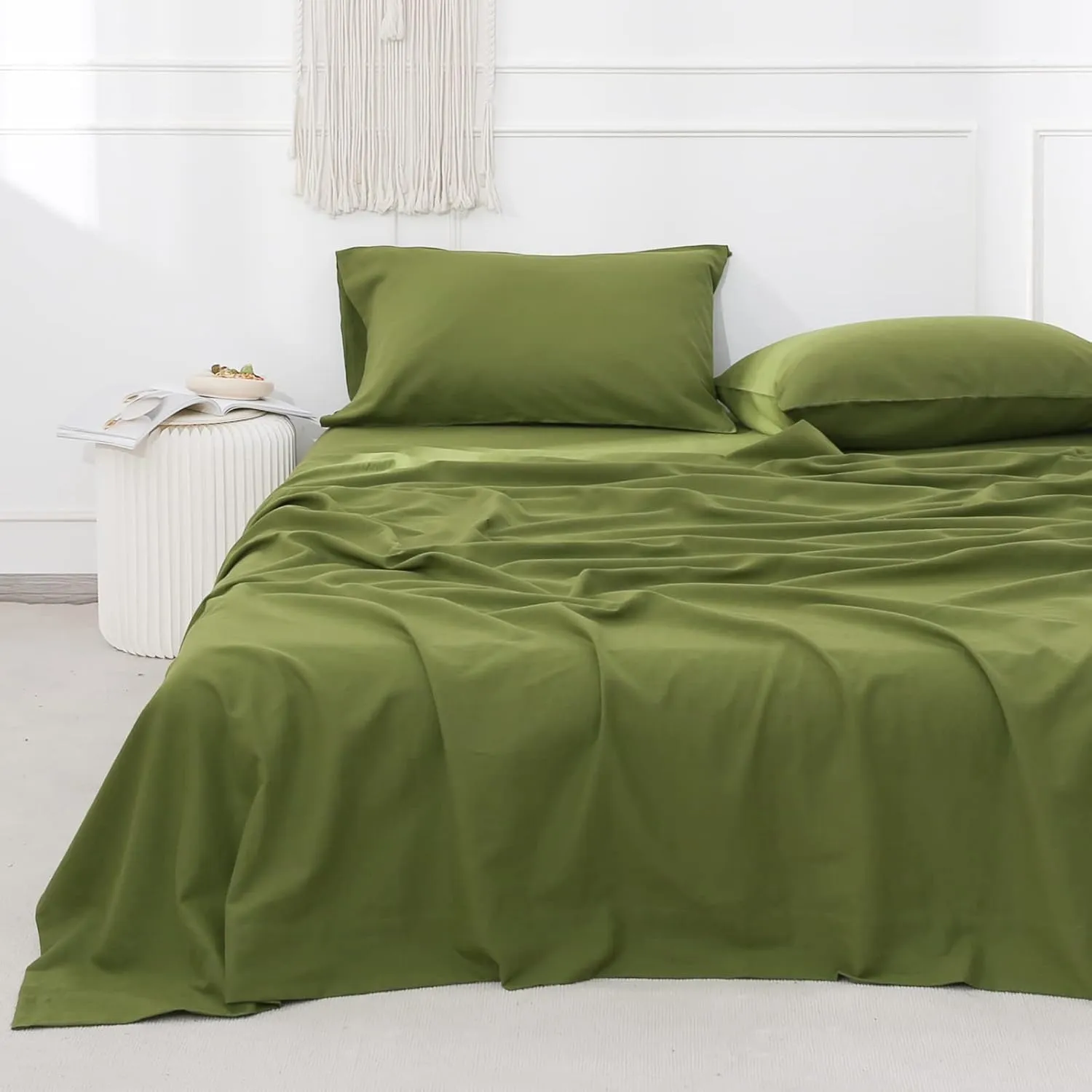 Simple&Opulence Belgian Linen Sheet Set Solid Color - 4 Pieces (1 Flat Sheet, 1 Fitted Sheet & 2 Pillowcases) Natural Flax Cotton Blend Soft Breathable Farmhouse Bedding - Queen Size, Forest