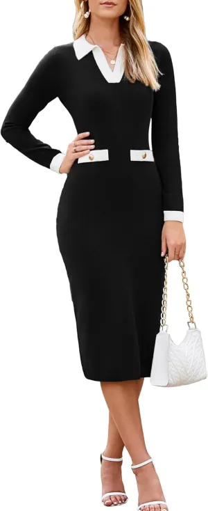 Simplee Womens V Neck Long Sleeve Sweater Dress Ribbed Knit Bodycon Midi Dress Fall Winter Slim Formal Dresses 2024