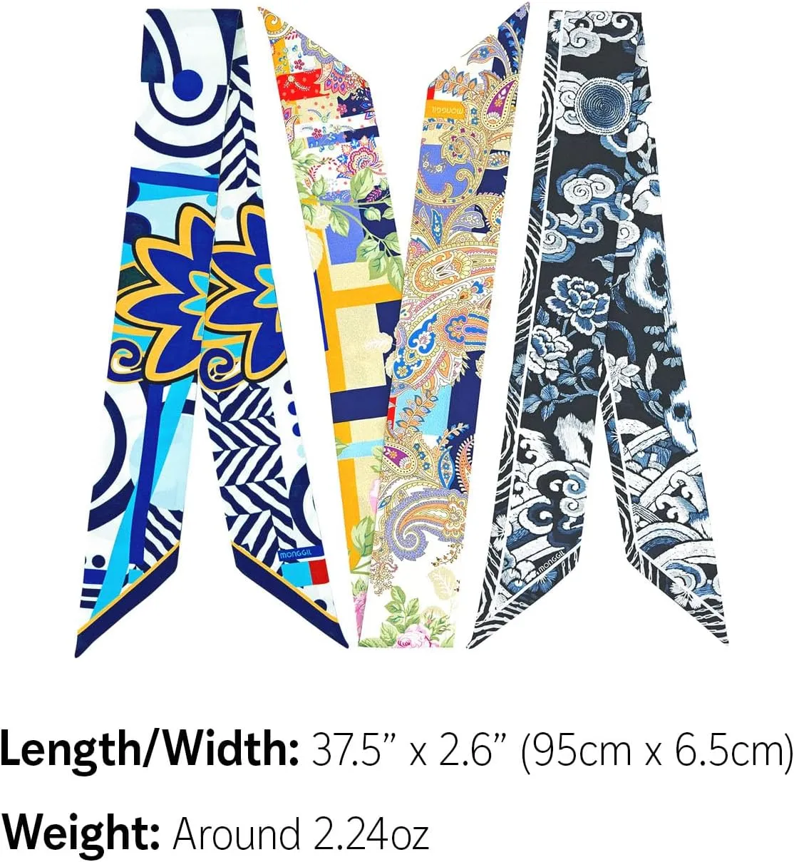Skinny Scarf 3-Pack - Floral Paisley Slim Silk Feel Scarves for Hair, Neck, Handbag - Lightweight, Gift-Ready