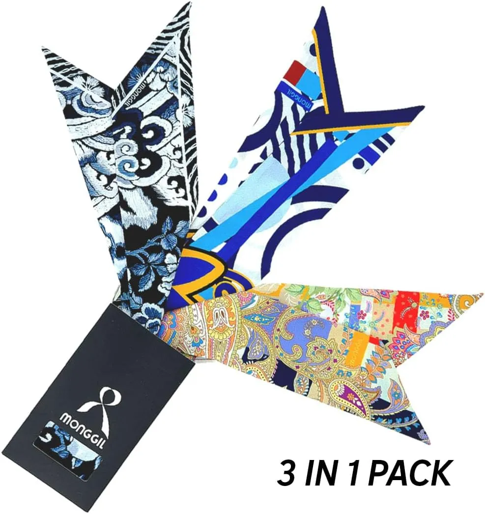 Skinny Scarf 3-Pack - Floral Paisley Slim Silk Feel Scarves for Hair, Neck, Handbag - Lightweight, Gift-Ready