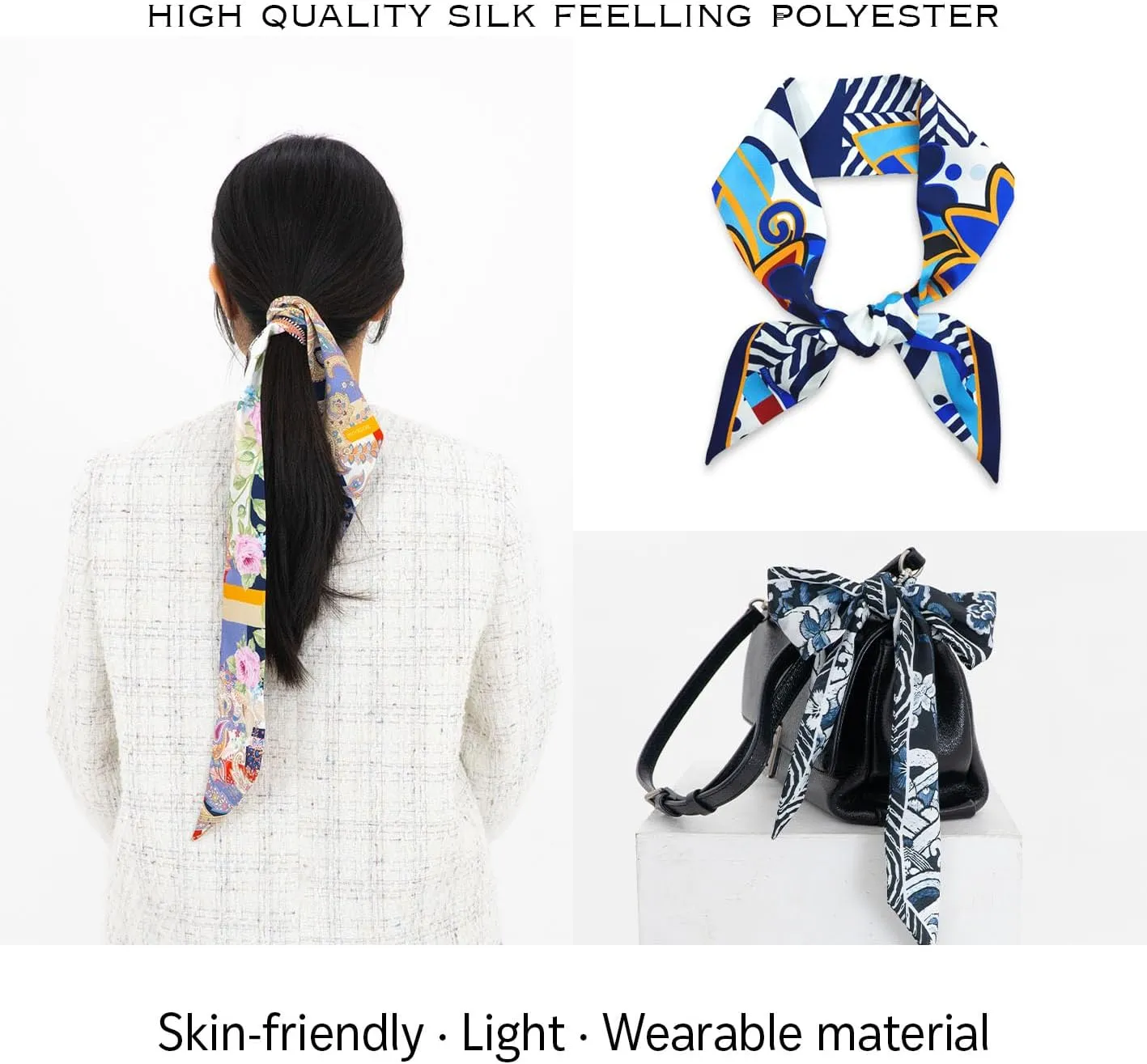 Skinny Scarf 3-Pack - Floral Paisley Slim Silk Feel Scarves for Hair, Neck, Handbag - Lightweight, Gift-Ready