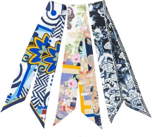Skinny Scarf 3-Pack - Floral Paisley Slim Silk Feel Scarves for Hair, Neck, Handbag - Lightweight, Gift-Ready