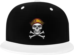 Skull Flag Spain Color-Block Flat Brim Snapback Cap for Men & Women, Adjustable Hip-Hop Hat White