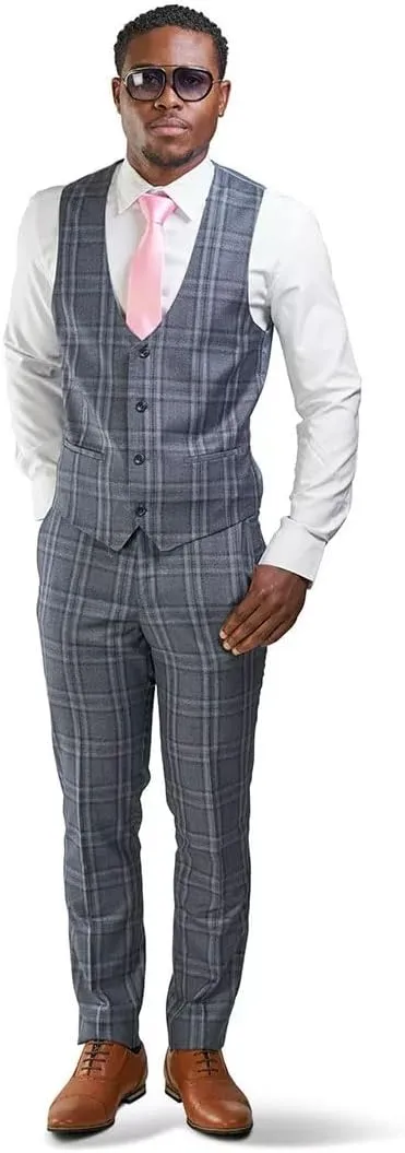 Slim Fit Suit 2 Button Peak Lapel Windowpane Plaid Vest Optional 35071