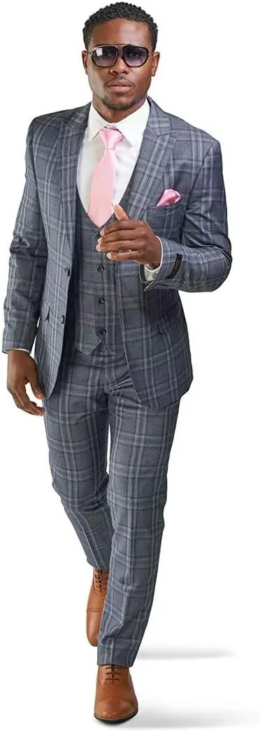 Slim Fit Suit 2 Button Peak Lapel Windowpane Plaid Vest Optional 35071