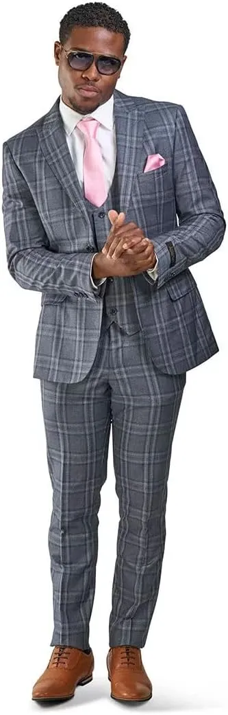 Slim Fit Suit 2 Button Peak Lapel Windowpane Plaid Vest Optional 35071