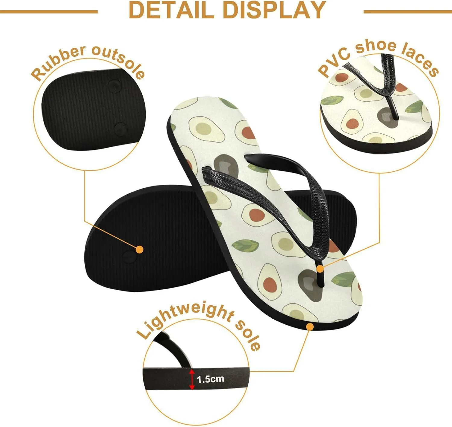 Slim Flip Flops for Women Beach - Cartoon Avocado Casual Thong Flat Sandals Rubber Slide Slippers Shower Shoes