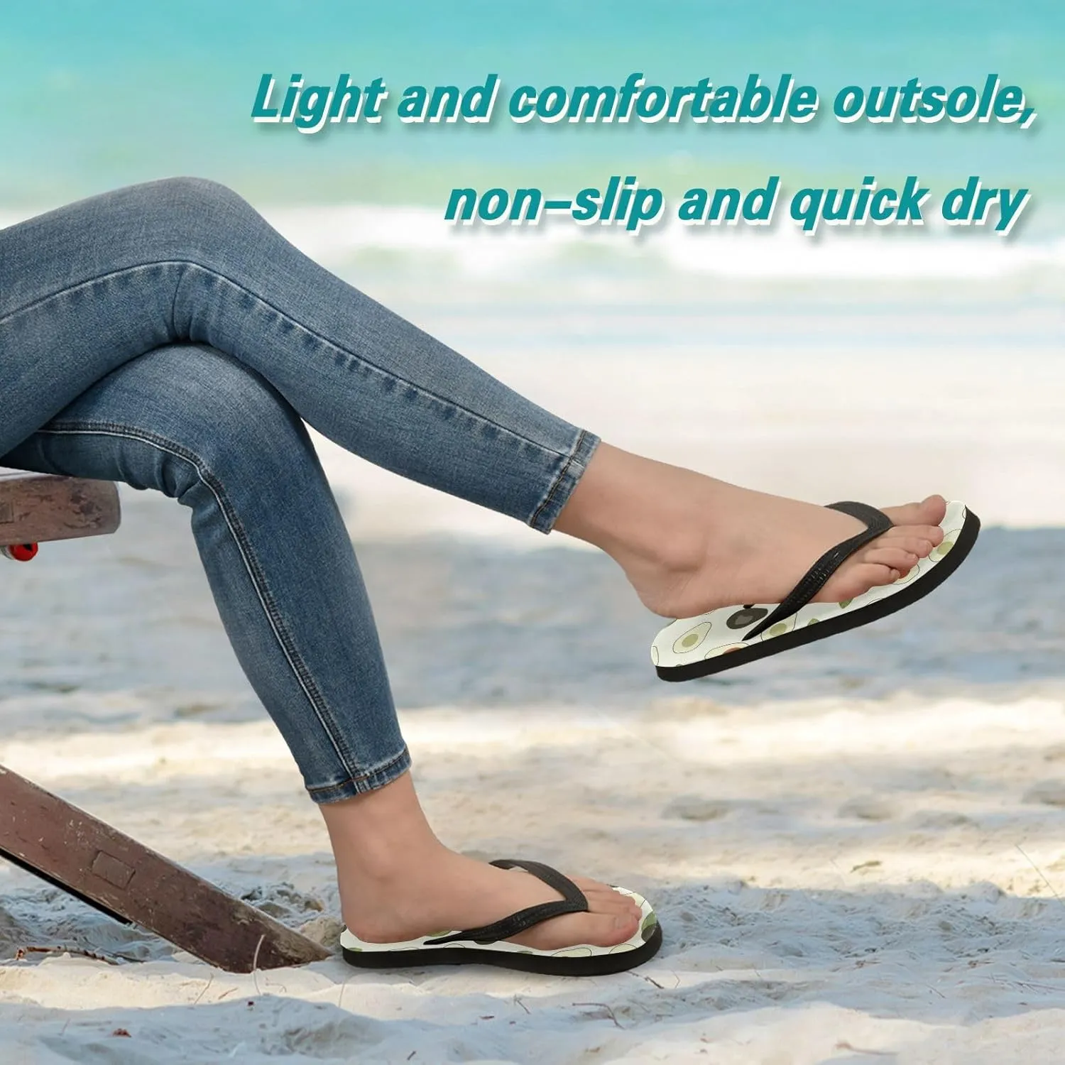 Slim Flip Flops for Women Beach - Cartoon Avocado Casual Thong Flat Sandals Rubber Slide Slippers Shower Shoes