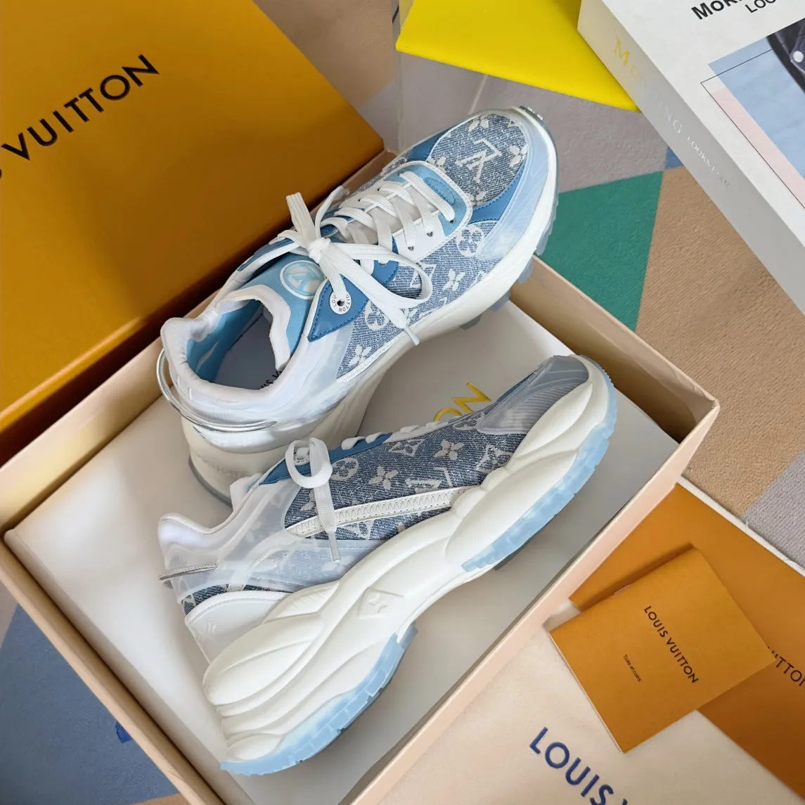 Sneaker 55mm Limited time Jacquard Mix Blue Fabric 55 Louis Light Machine-learning Vuitton White Monogram Run