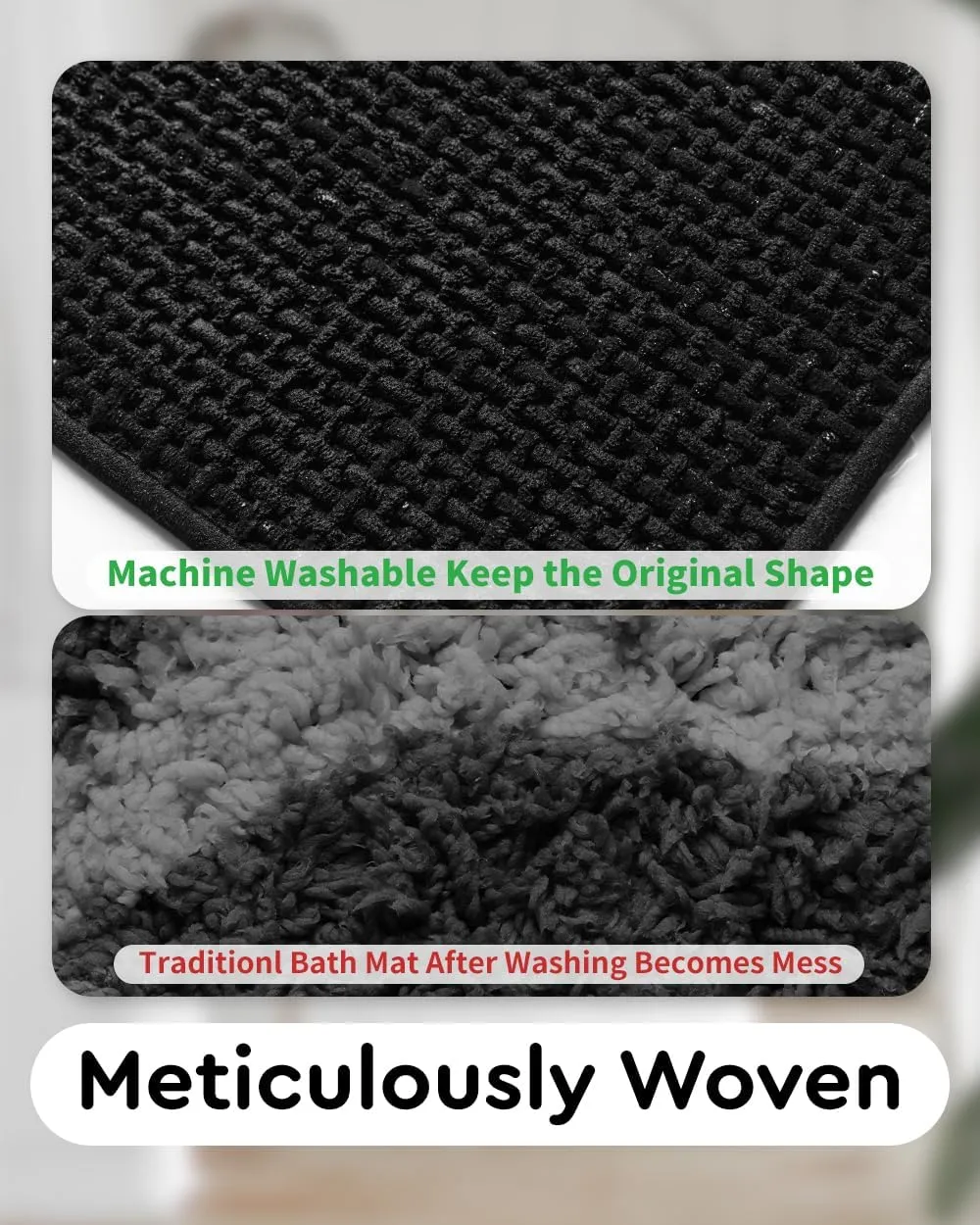 Soft Chenille Bath Mat Runner Long-Super Absorbent Bathroom Mat Quick Dry- Rubber Backed Bath Mats for Bathroom Floor Non Slip-Machine Washable Bathroom Rugs Front of Bathtub,Shower Room-2471-BLACK