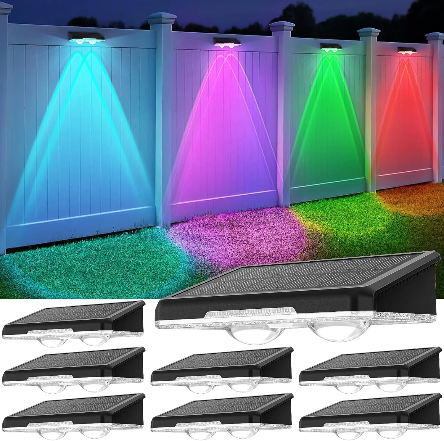 Solar Fence Lights Outdoor 8 Pack - 8 Modes (RGB Cycle/Fixed), Fence Lights Solar Powered for Outside, IP65 Waterproof, Auto ON/Off Deck Lighting for Wall, Step, Patio, Pathway, Stairs