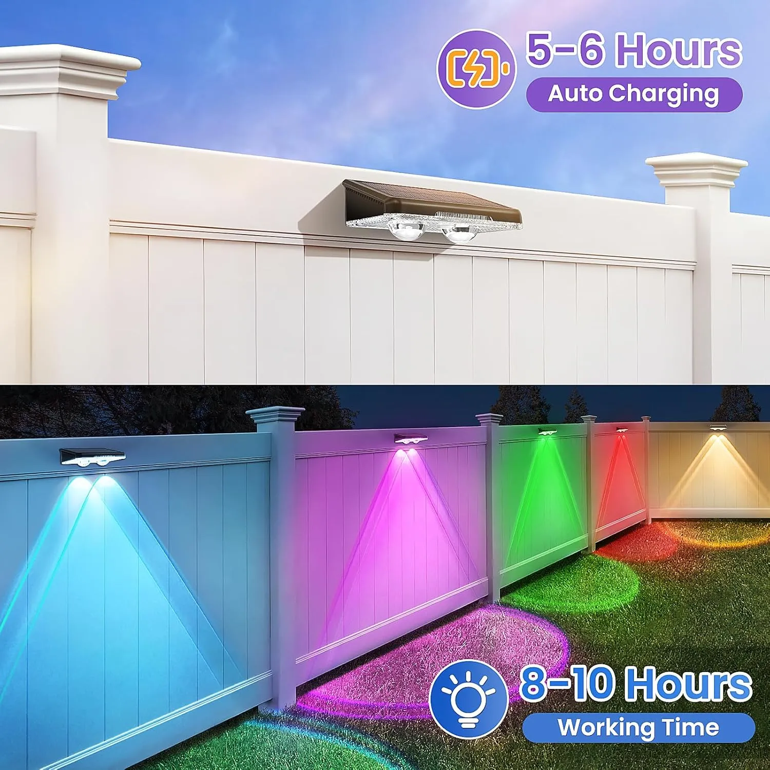 Solar Fence Lights Outdoor 8 Pack - 8 Modes (RGB Cycle/Fixed), Fence Lights Solar Powered for Outside, IP65 Waterproof, Auto ON/Off Deck Lighting for Wall, Step, Patio, Pathway, Stairs