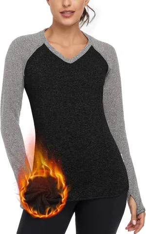 Soneven Women Fleece Thermal Long Sleeve Running Shirt Workout Tops Moisture Wicking Athletic Shirts with Thumb Holes