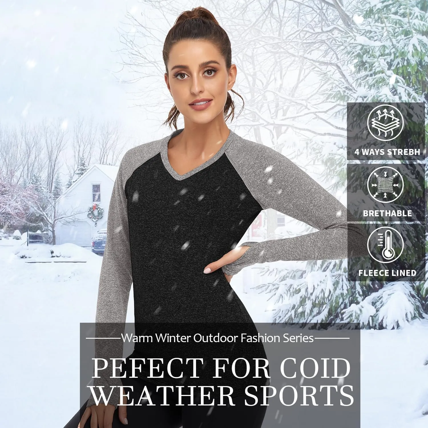 Soneven Women Fleece Thermal Long Sleeve Running Shirt Workout Tops Moisture Wicking Athletic Shirts with Thumb Holes